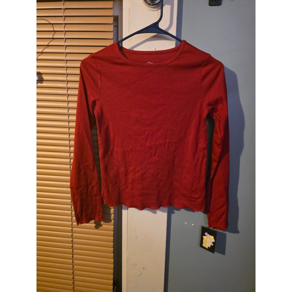 Cat & Jack Girls Red Long Sleeve Crew Neck Lettuce Hem Top Size L 10 12